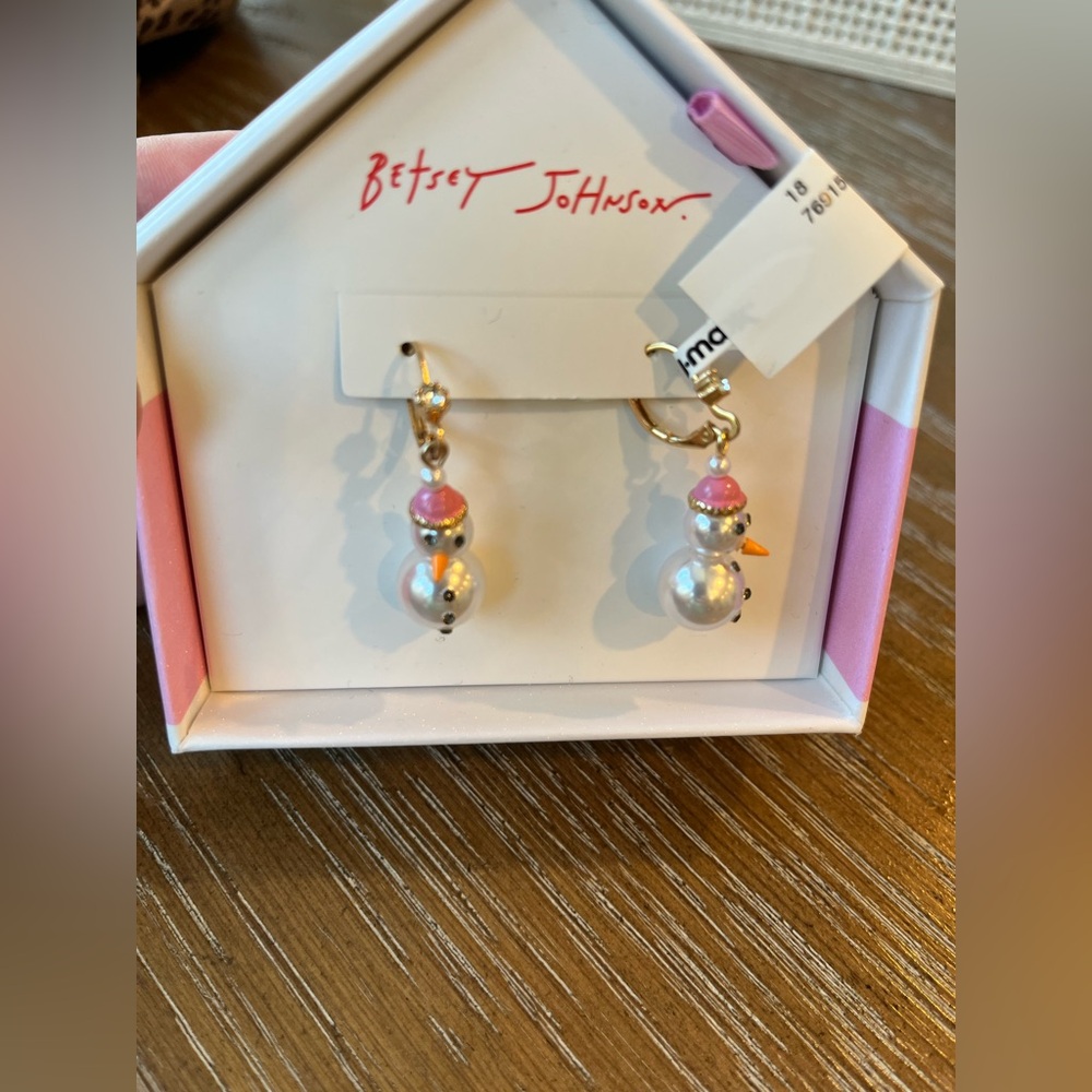 Betsey Johnson Pink and Gold Snowman Christmas Earrings